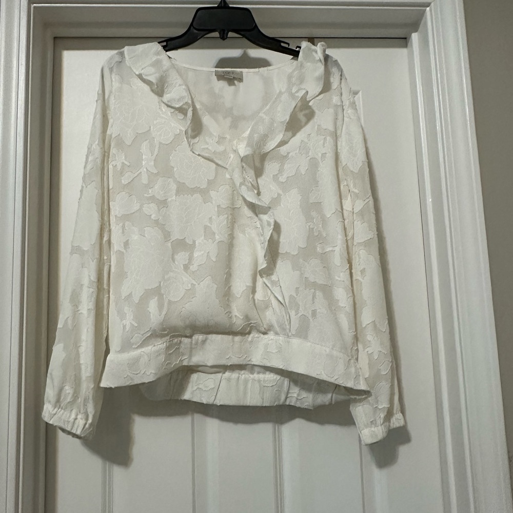 LOFT White Ruffled Tie Front Blouse with Long Sleeves